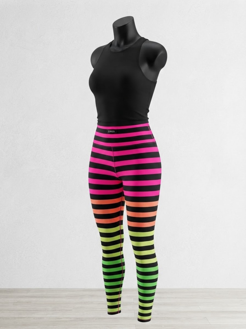 K-DEER High Waisted Leggings with Neon Pink, Orange & Green Stripes Med NWOT